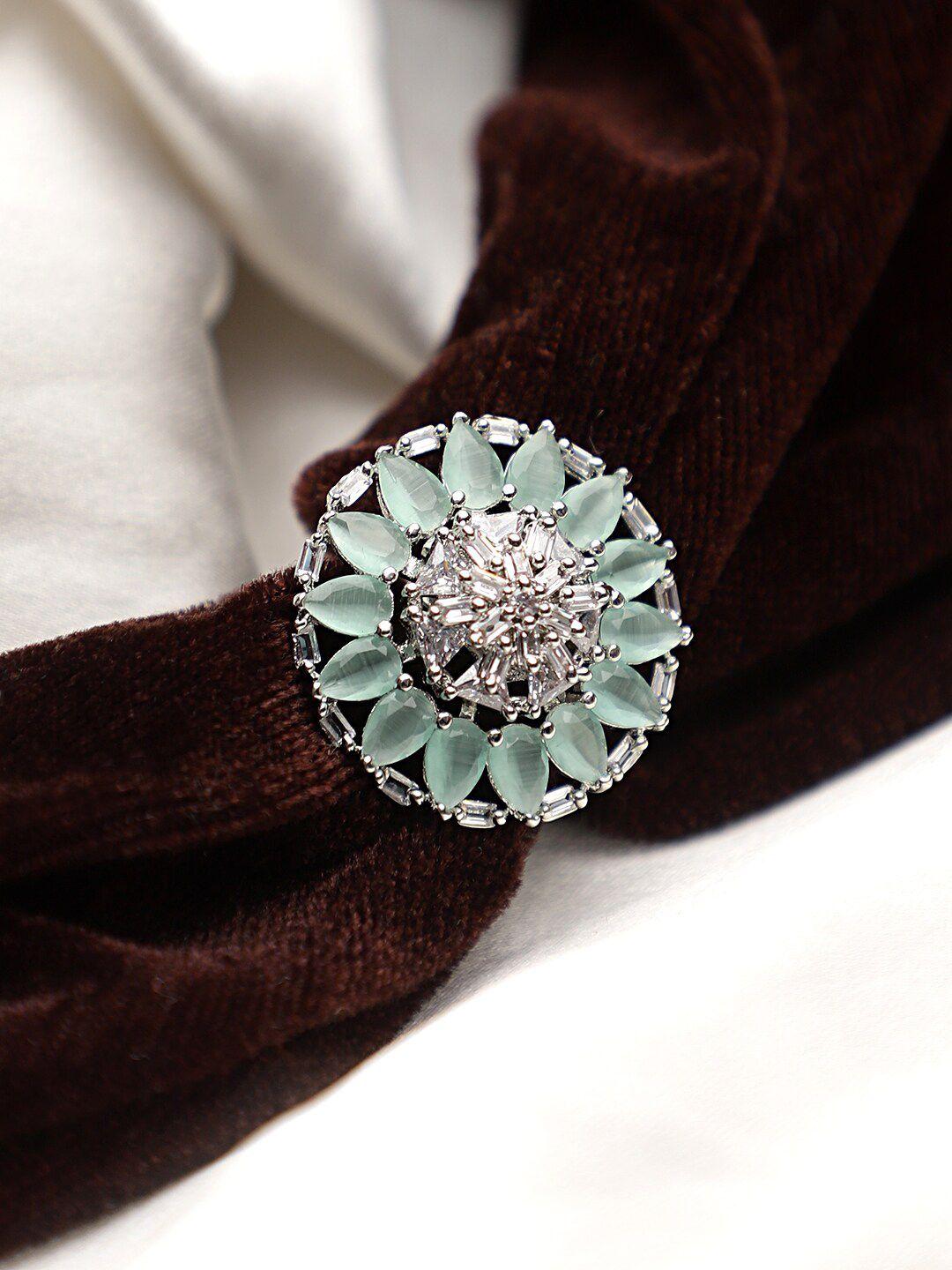 cardinal silver-toned green ad studded adjustable finger ring