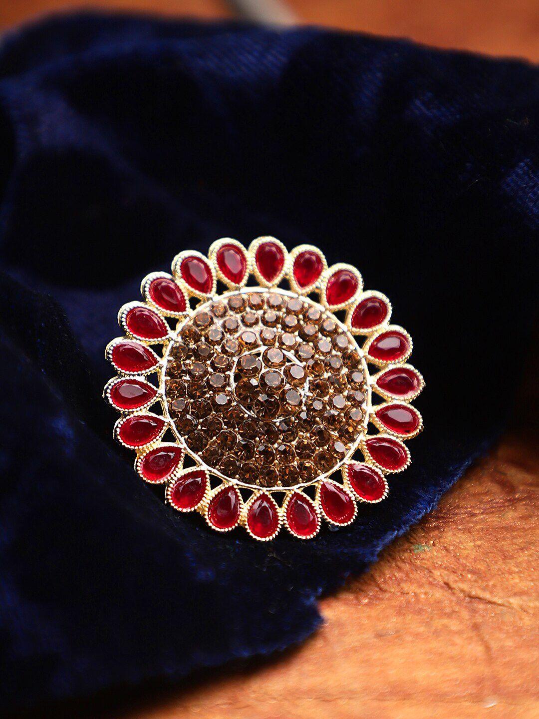 cardinal gold-toned & maroon red stone studded adjustable finger ring