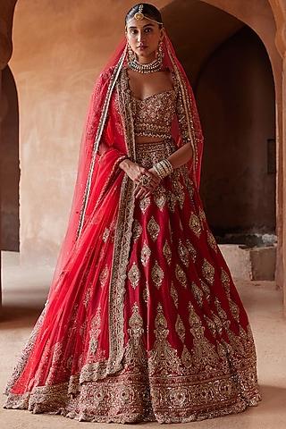 cardinal red raw silk dabka embroidered bridal lehenga set