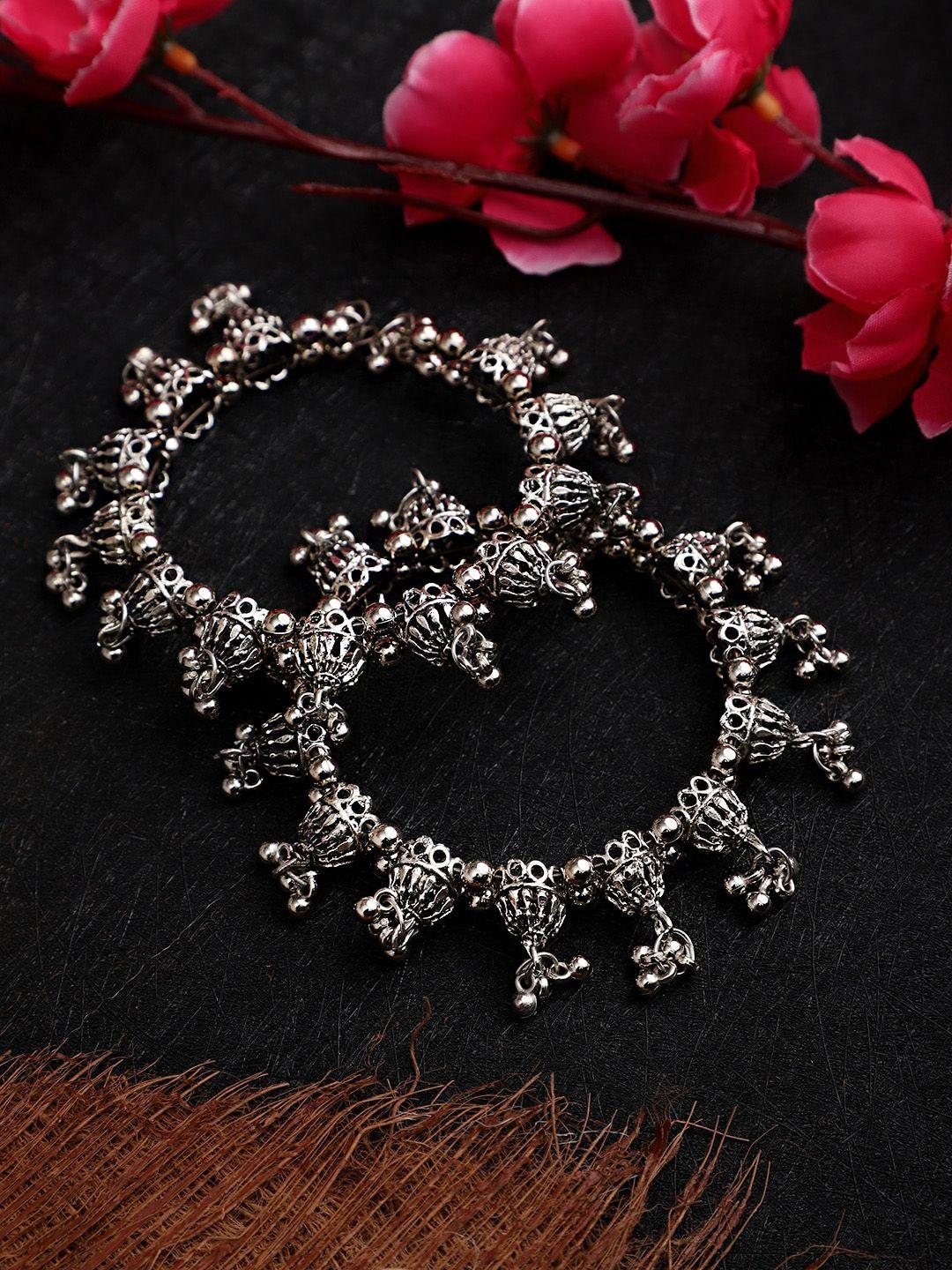 cardinal women pack of 2 silver-toned oxidised adjustable bangle-style bracelets