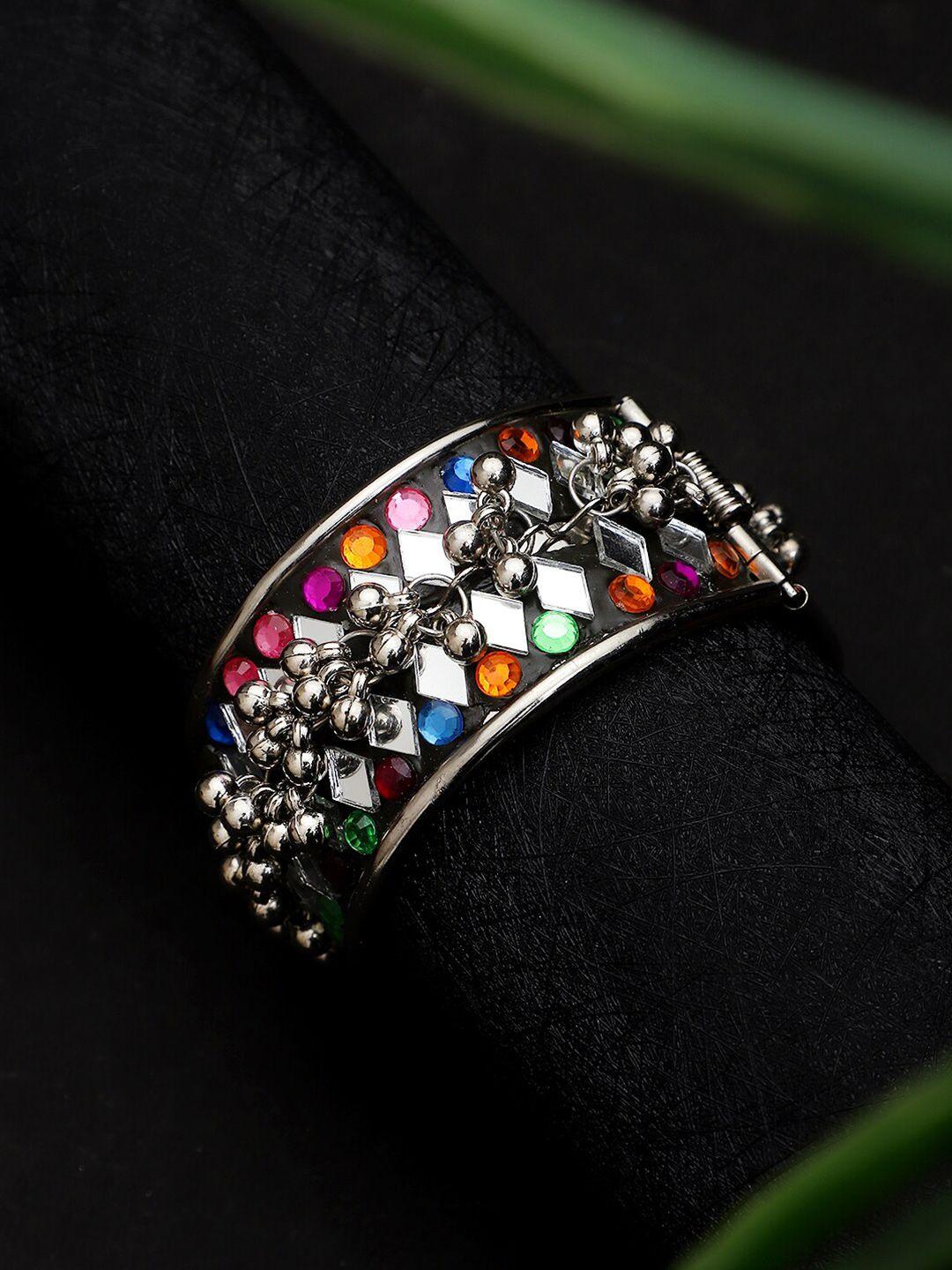cardinal women silver-toned & white crystals oxidised bangle-style bracelet