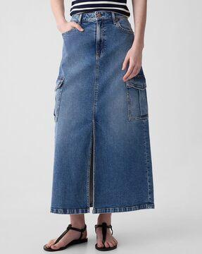 cargo denim mid-rise maxi skirt