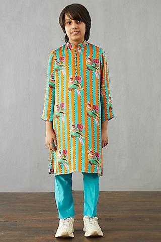 caribbean blue & bright orange kurta set for boys