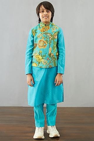 caribbean blue kurta set with bandi jacket