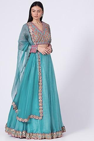 caribbean blue organza applique embroidered lehenga set