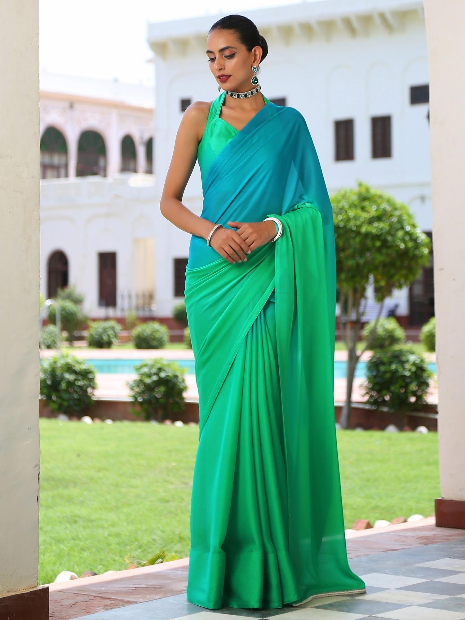 caribbean green & blue chiffon ombre saree without blouse