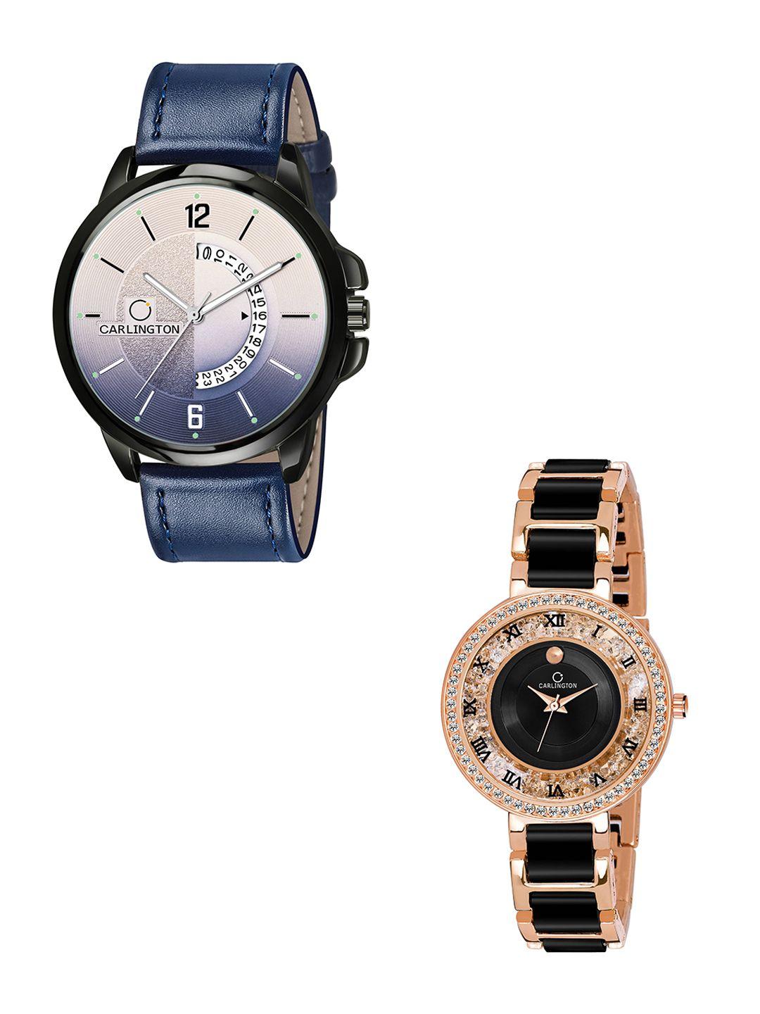 carlington his & her combo watch gift set ct1030 blue-mova roseblack-multicolor