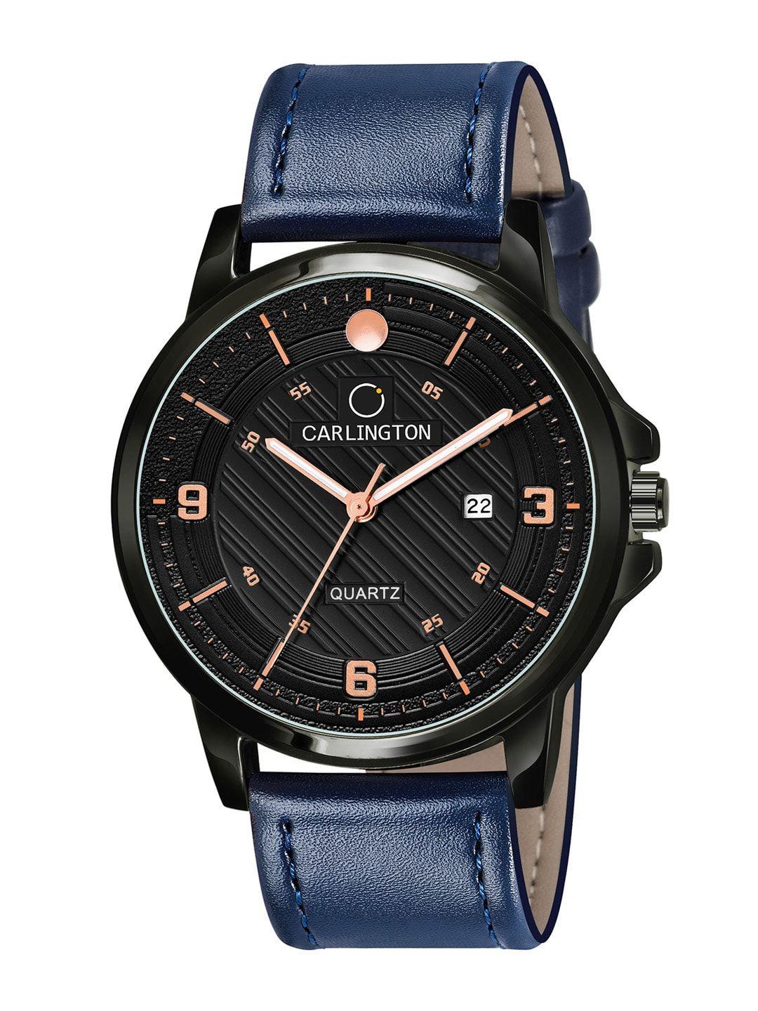 carlington men alloy dial & blue leather straps analogue watch ct1050 blue-black