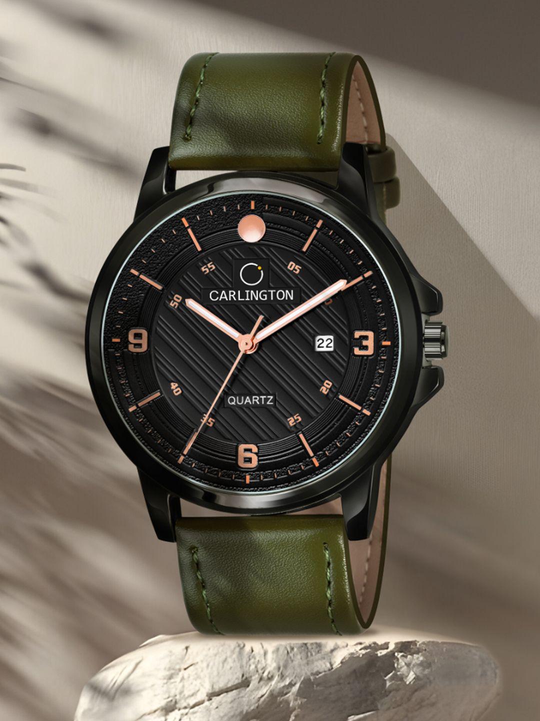 carlington men black alloy dial & green leather straps analogue watch ct1050 green-black