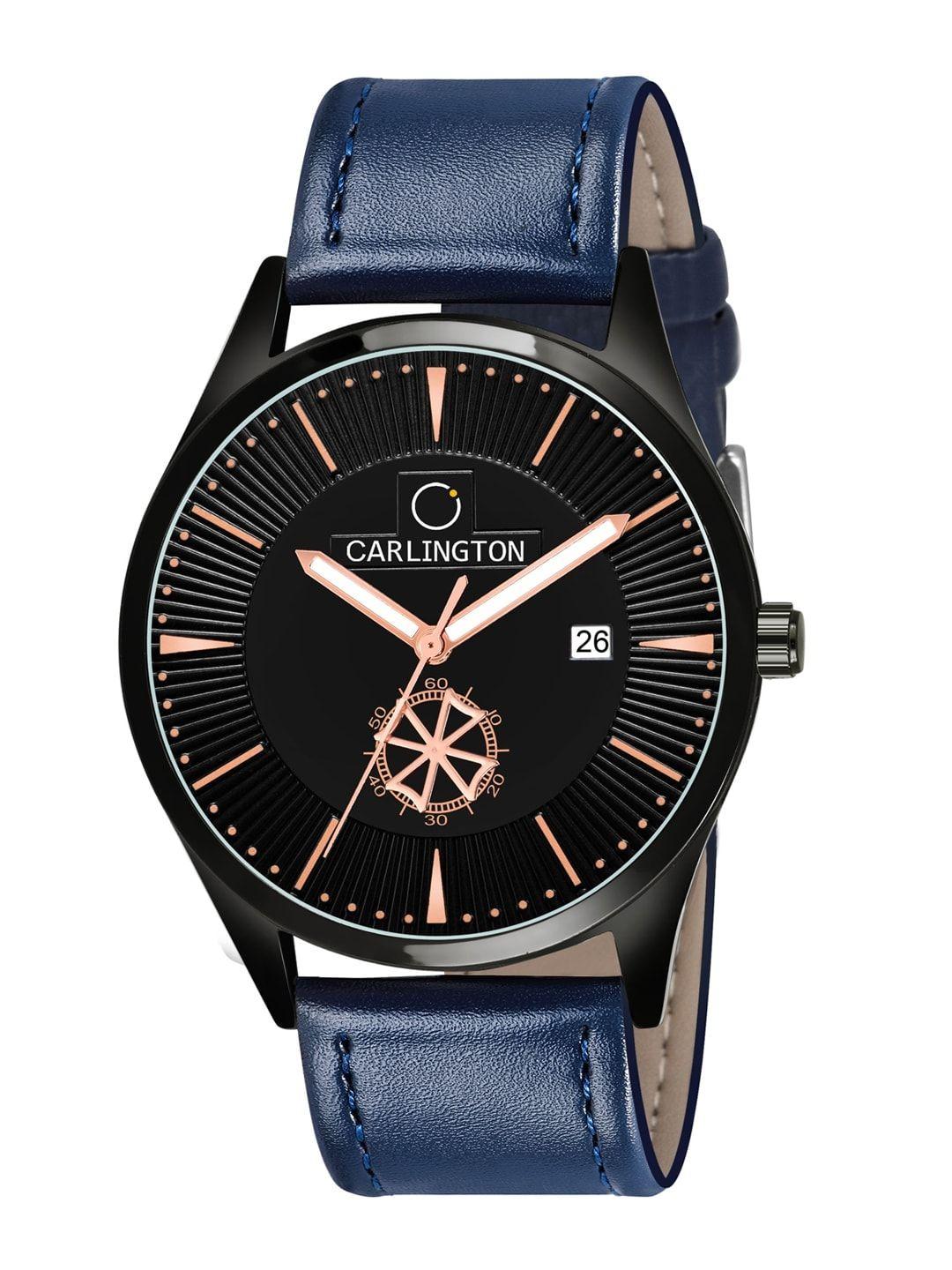 carlington men black printed dial & blue leather straps analogue watch ct1020