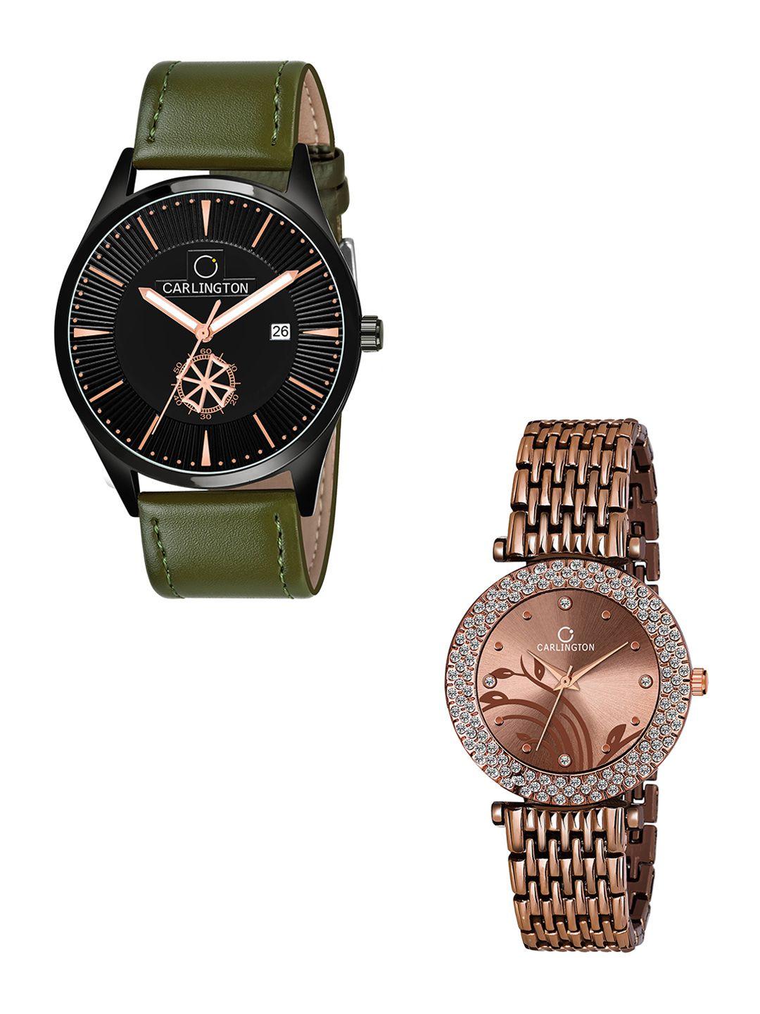 carlington set of 2  green & tan analogue watch gift set ct1020
