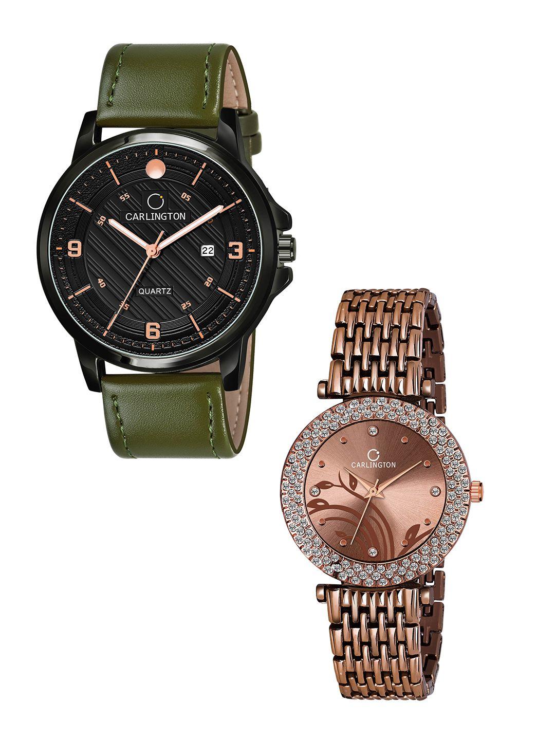 carlington set of 2 multicoloured embellished dial & leather straps analogue watch ct1050