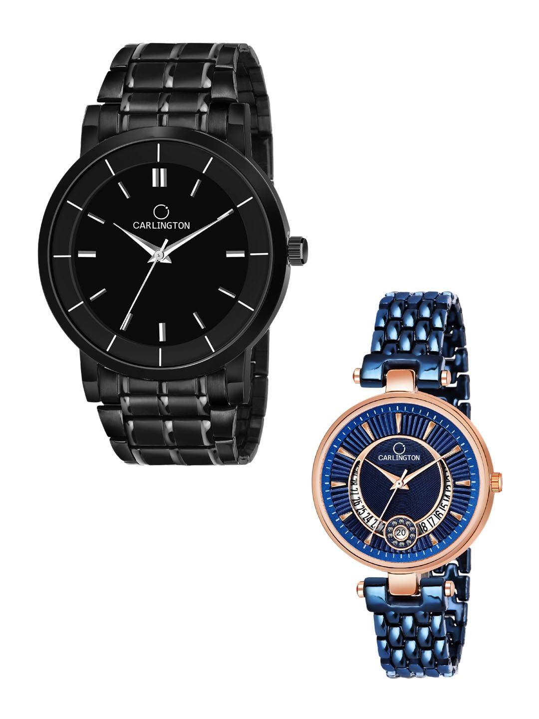 carlington unisex black & blue dial stainless steel straps analogue watch combo ct-6040bb