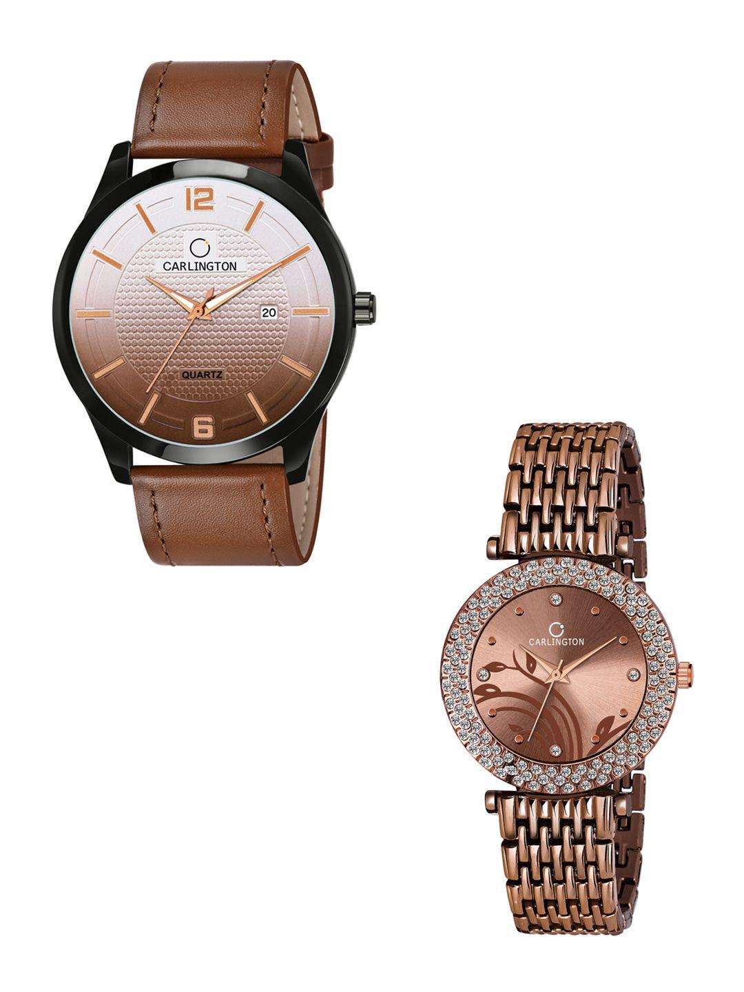 carlington unisex brown dial & brown leather bracelet analogue couple watch ct1010 tan-105