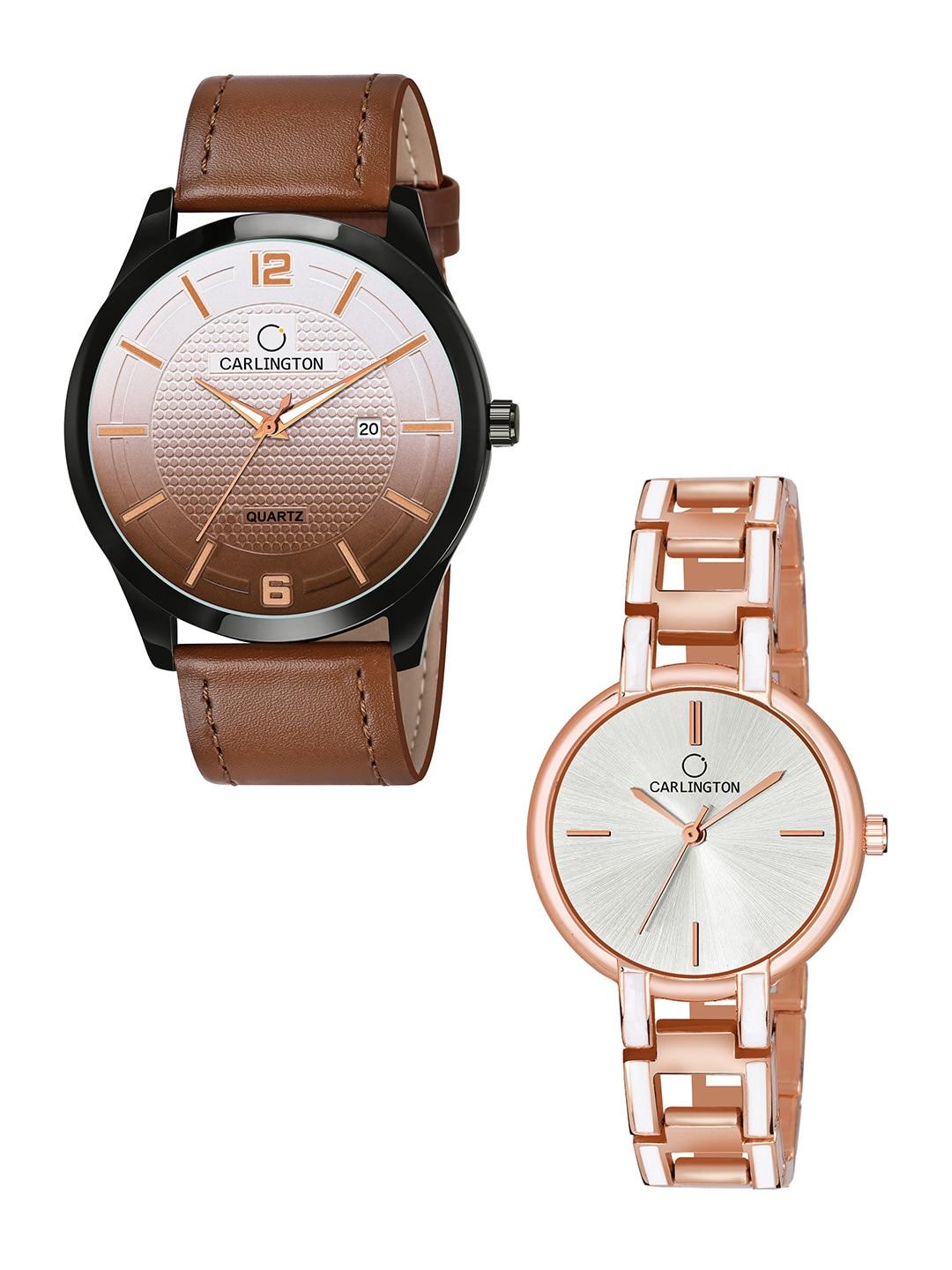 carlington unisex dial & leather straps analogue his and her watches ct1010