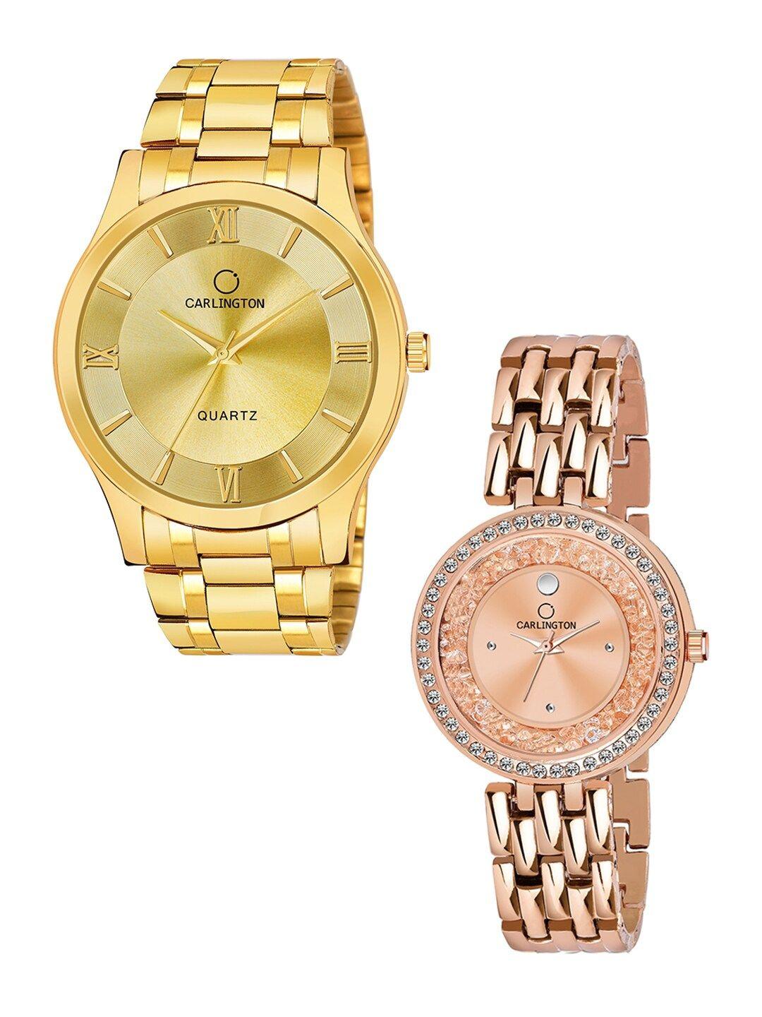 carlington unisex gold & rose gold brass embellished dial & straps watch combo ct-6130gg