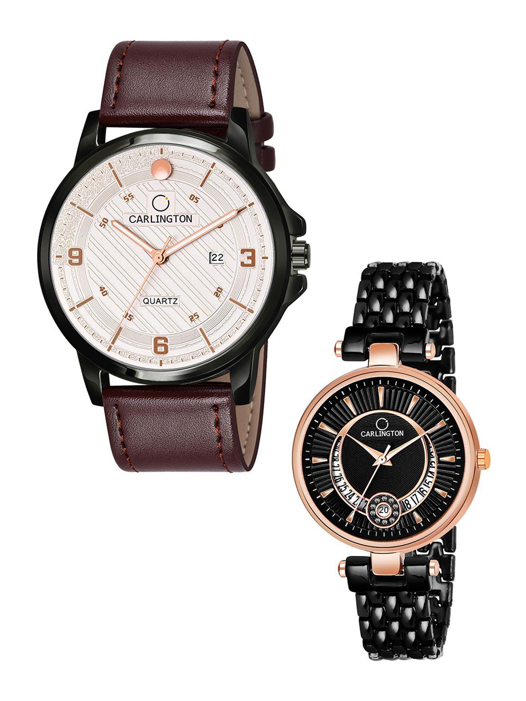 carlington white printed dial & brown leather straps analogue couple watches - ct1050