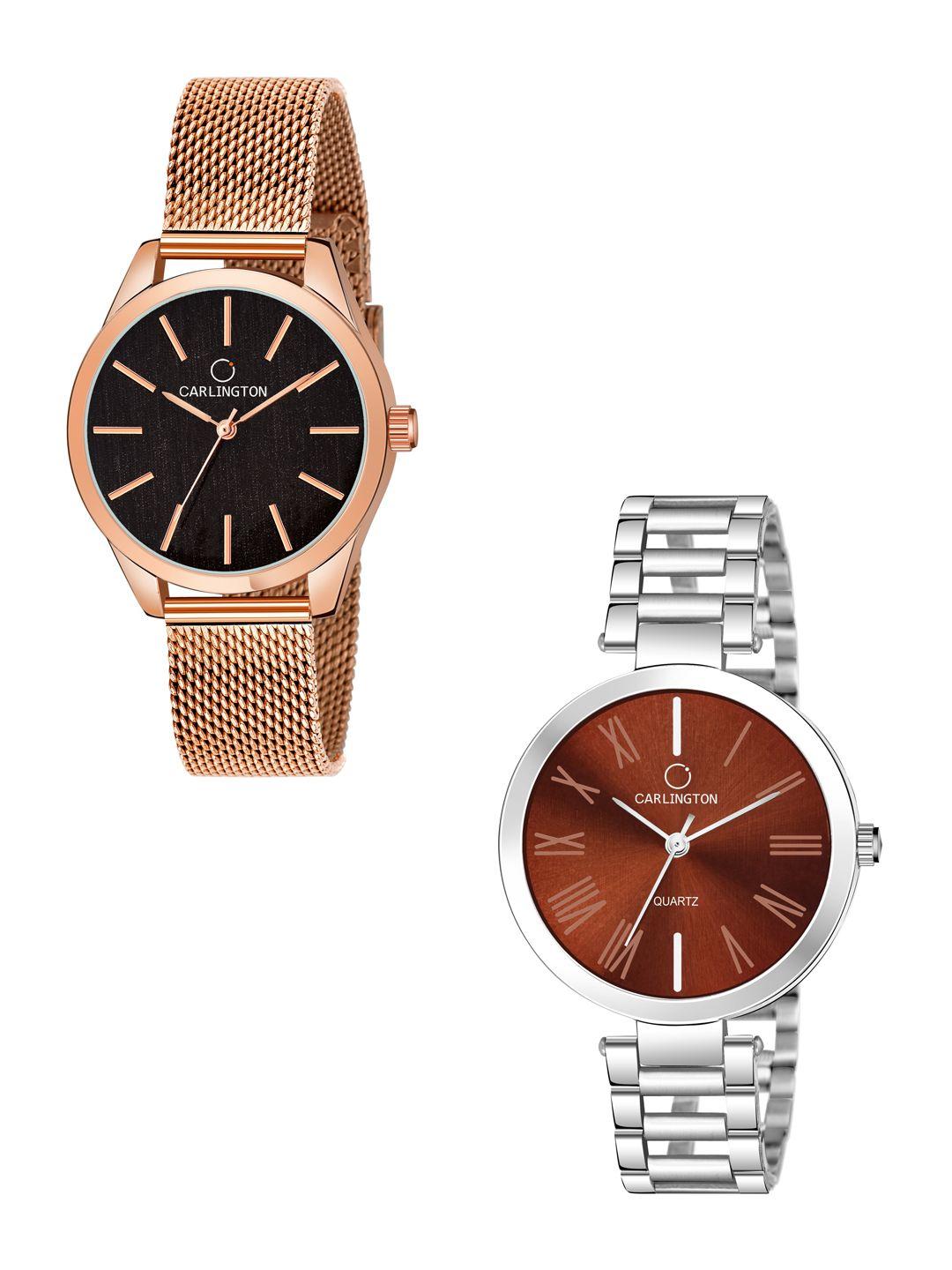 carlington women brown & black pack of 2 embellished steel bracelet style straps watch