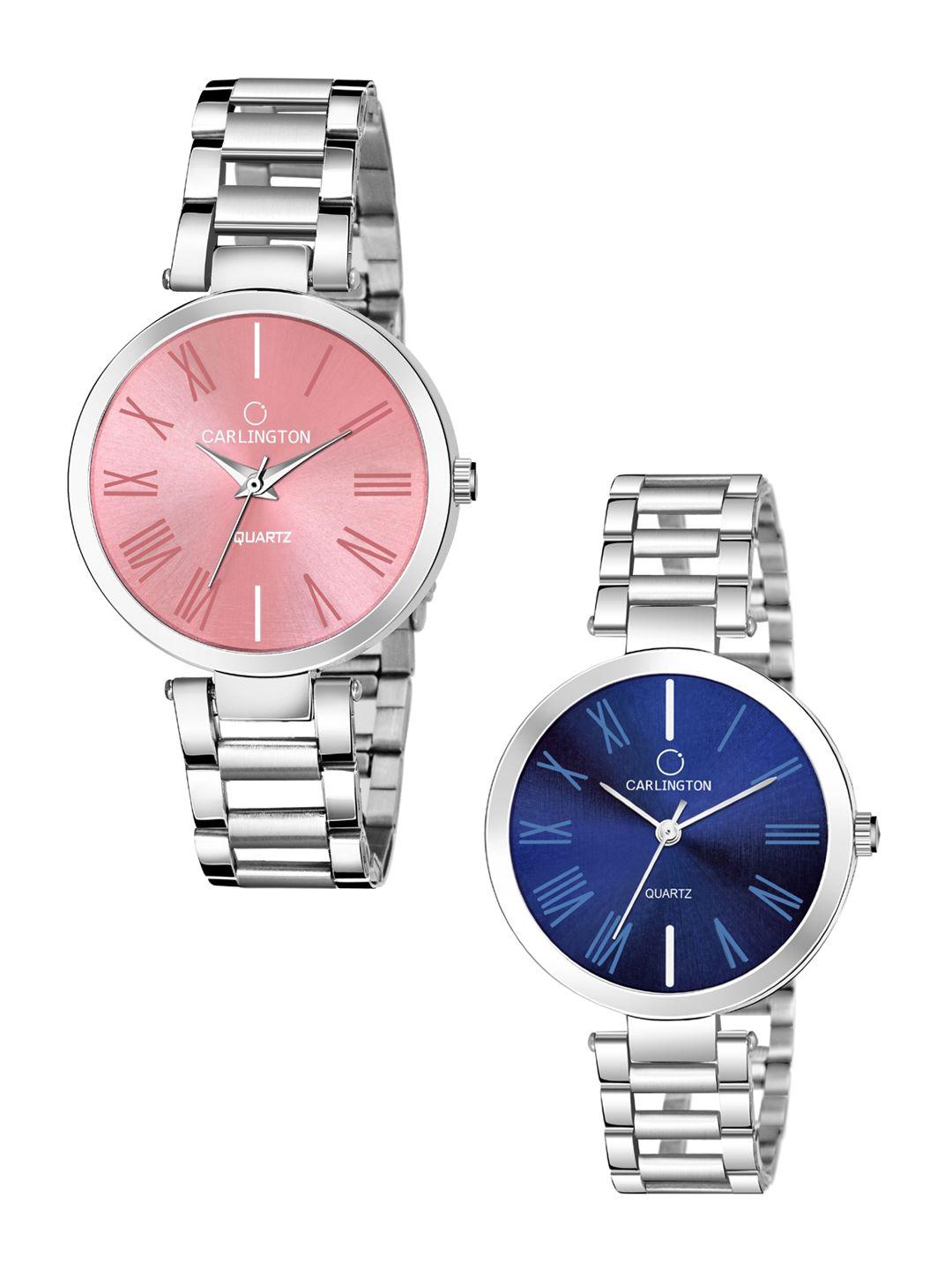 carlington women set of 2 pink & blue analogue watch