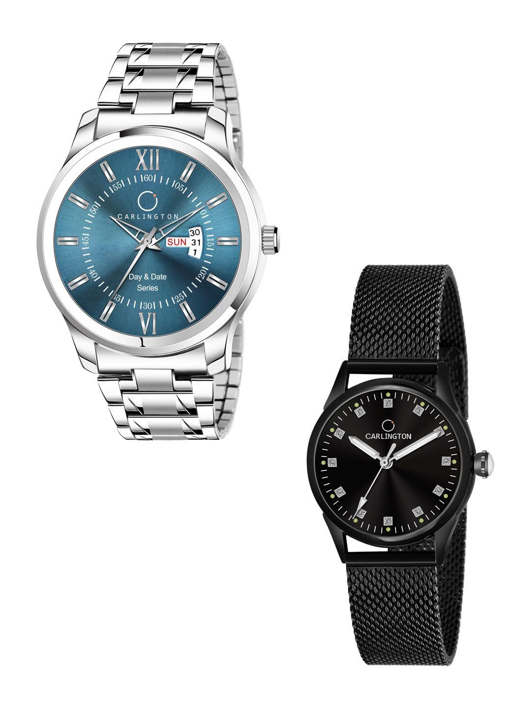carlington blue & black stainless steel bracelet style his & her analogue watch ct2003