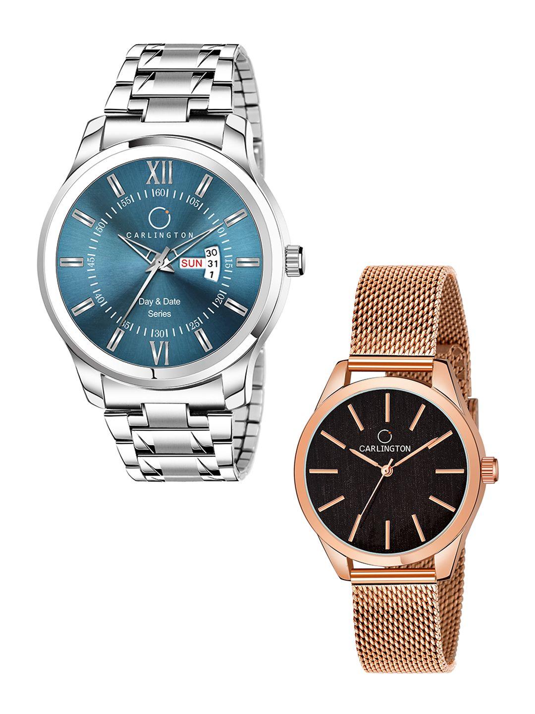 carlington blue & black stainless steel bracelet style straps his & her analogue watch