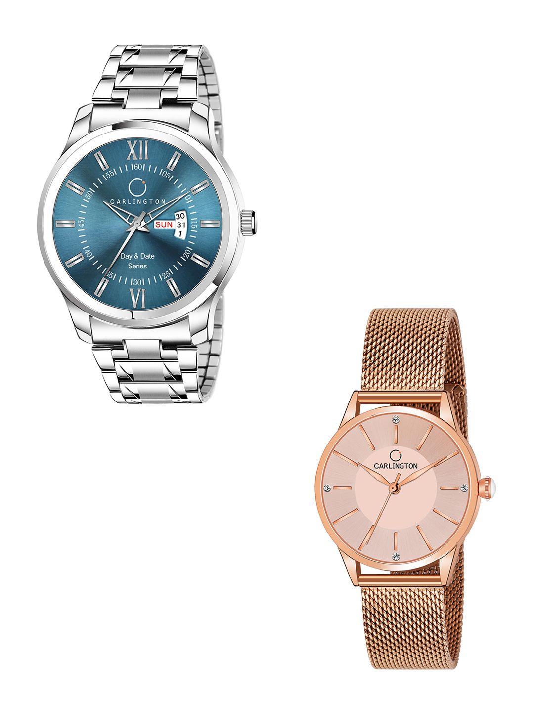 carlington blue & gold tone stainless steel bracelet style his & her analogue watch ct2004