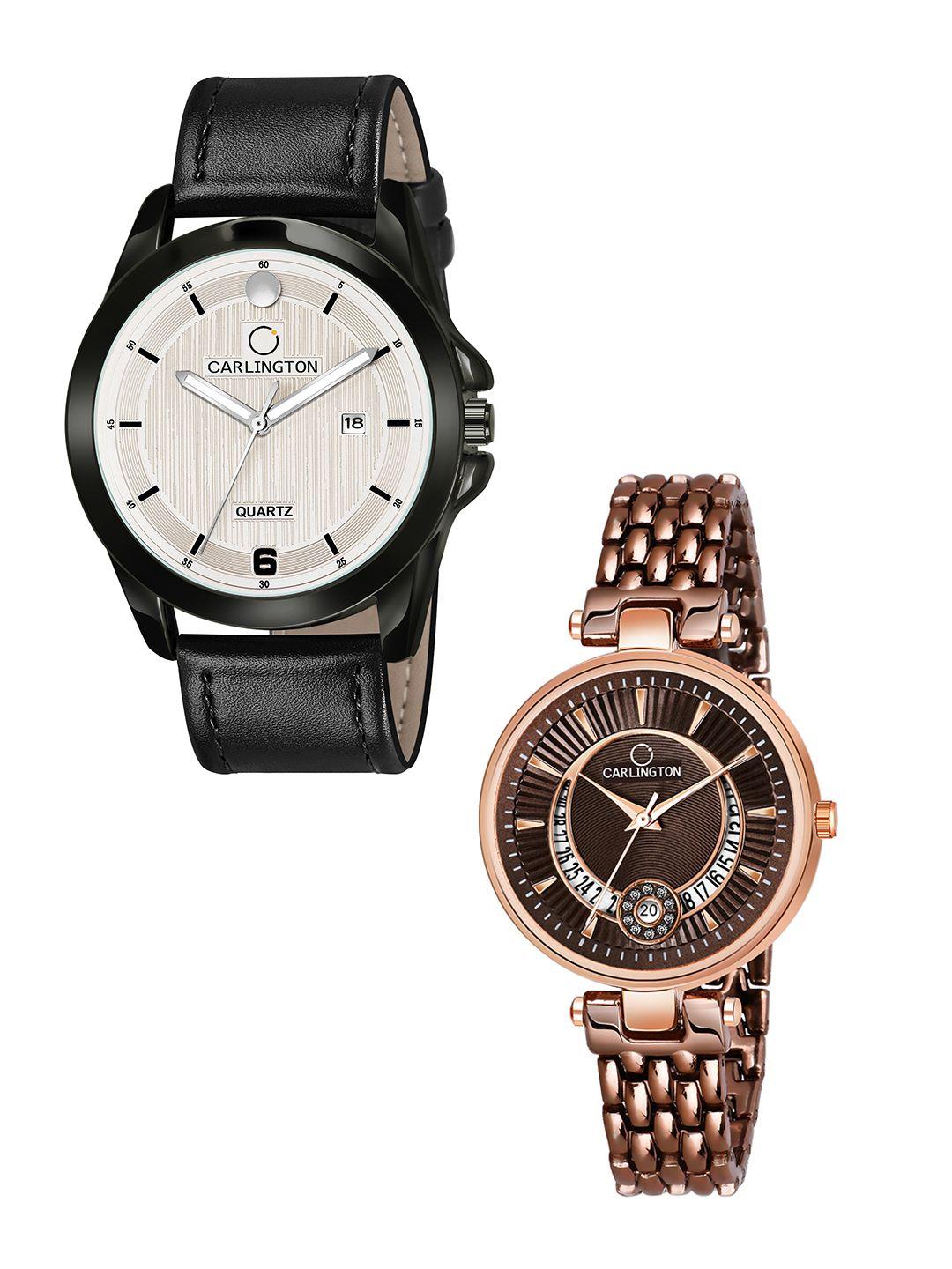 carlington cream-coloured dial & black leather straps analogue couple watches ct1040