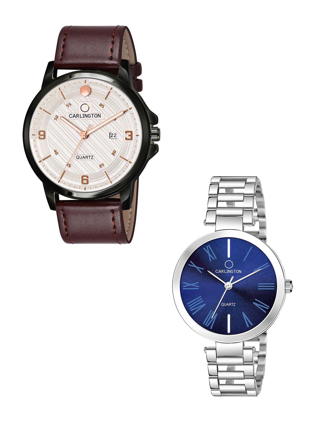 carlington cream-coloured dial & brown leather straps analogue couple watches ct1050