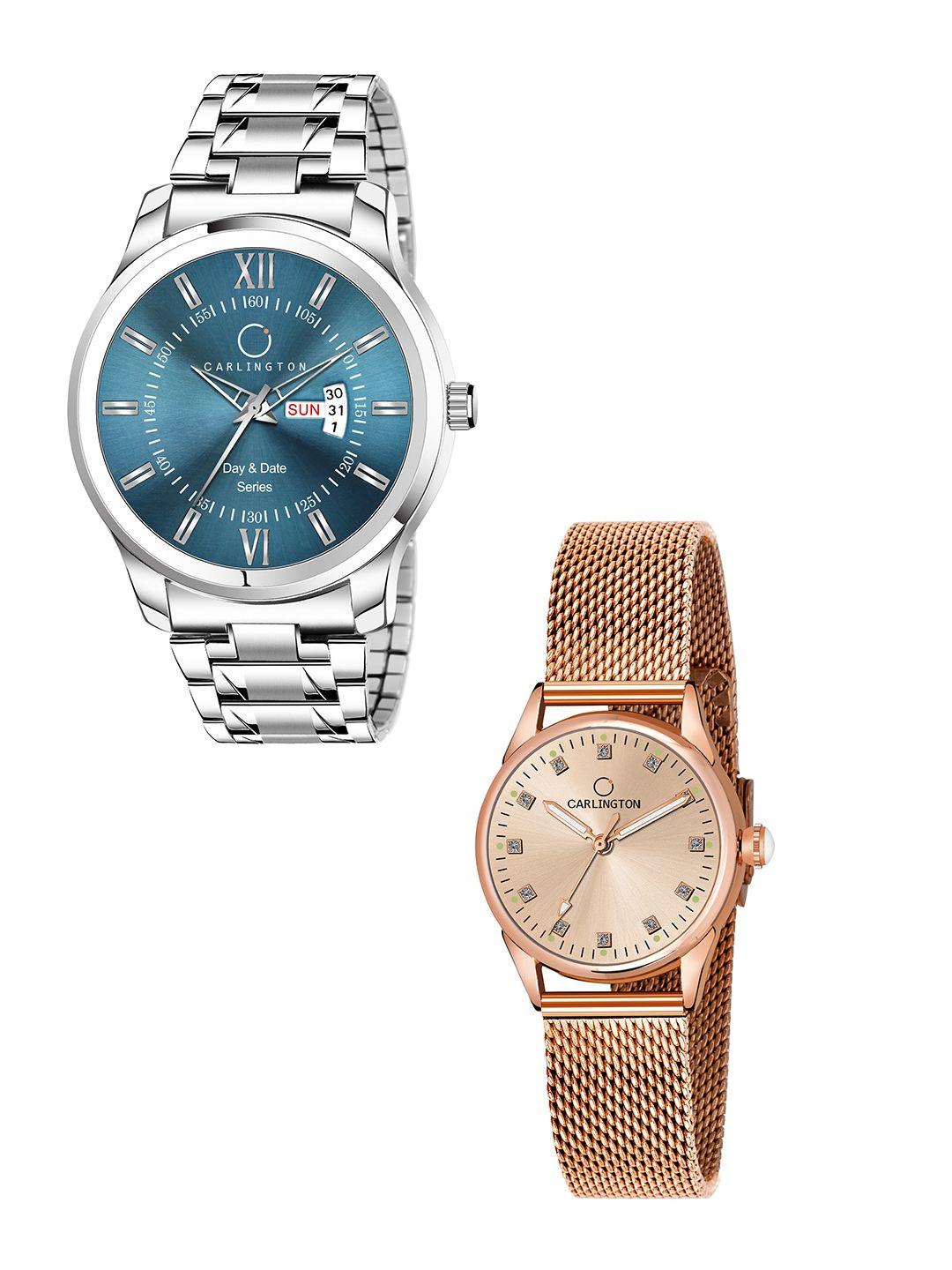 carlington his & her blue dial & silver stainless steel bracelet style analogue watch