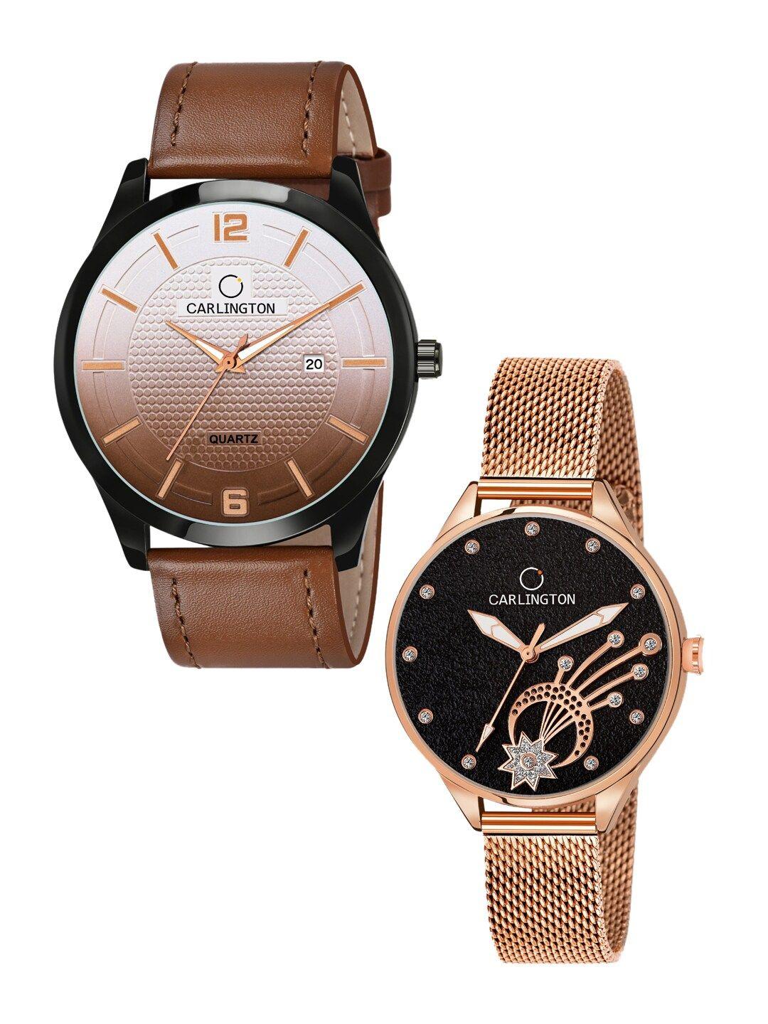 carlington his & her tan leather straps analogue watch combo ct1010 tan -