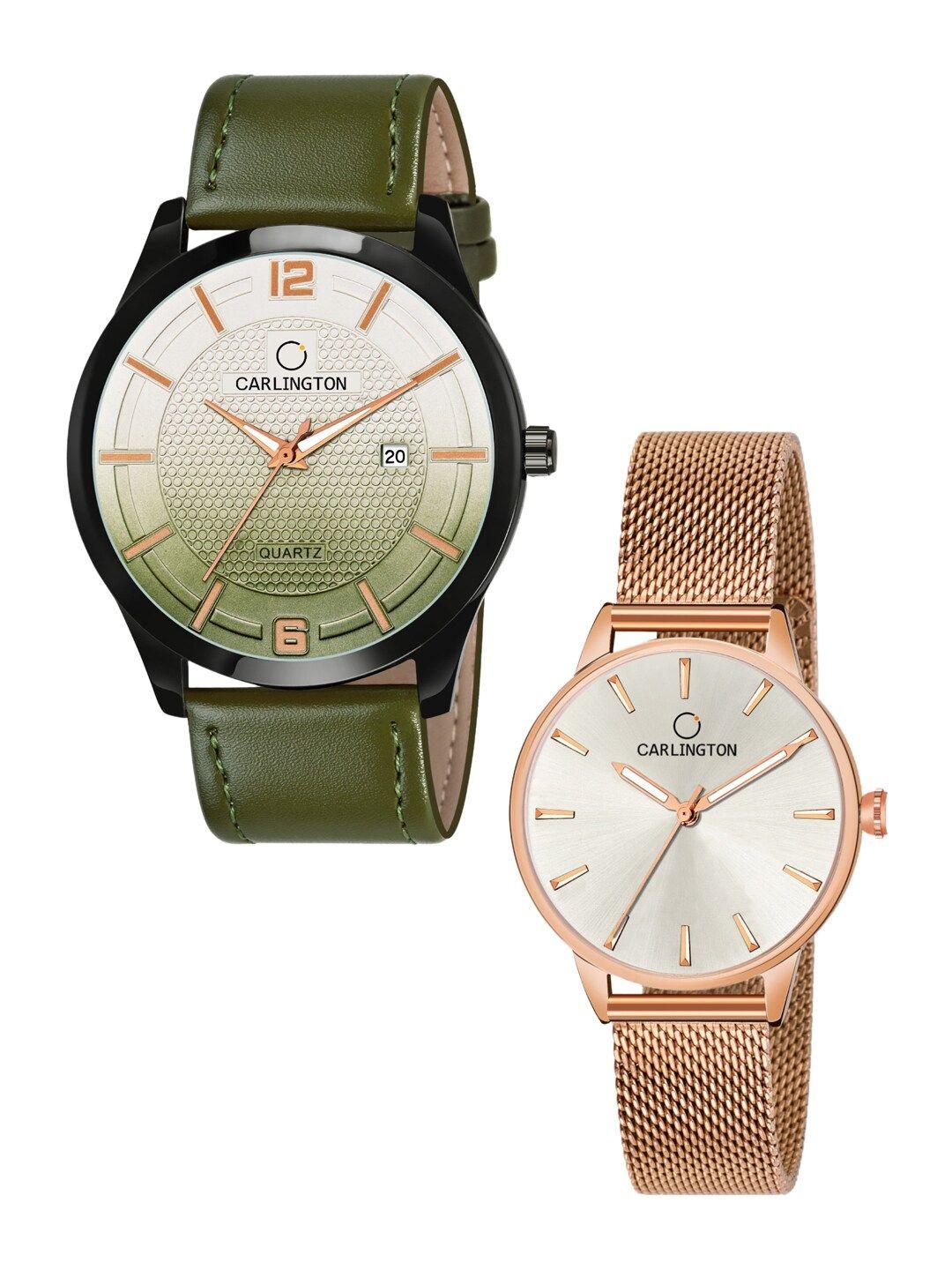 carlington his & her watch gift set combo ct1010 green - ct2007 rosewhite