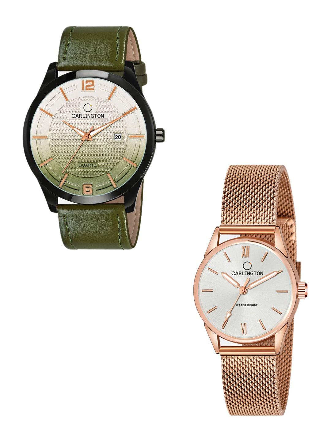 carlington his & her watch gift set combo ct1010 green - ct2008 rosewhite-
