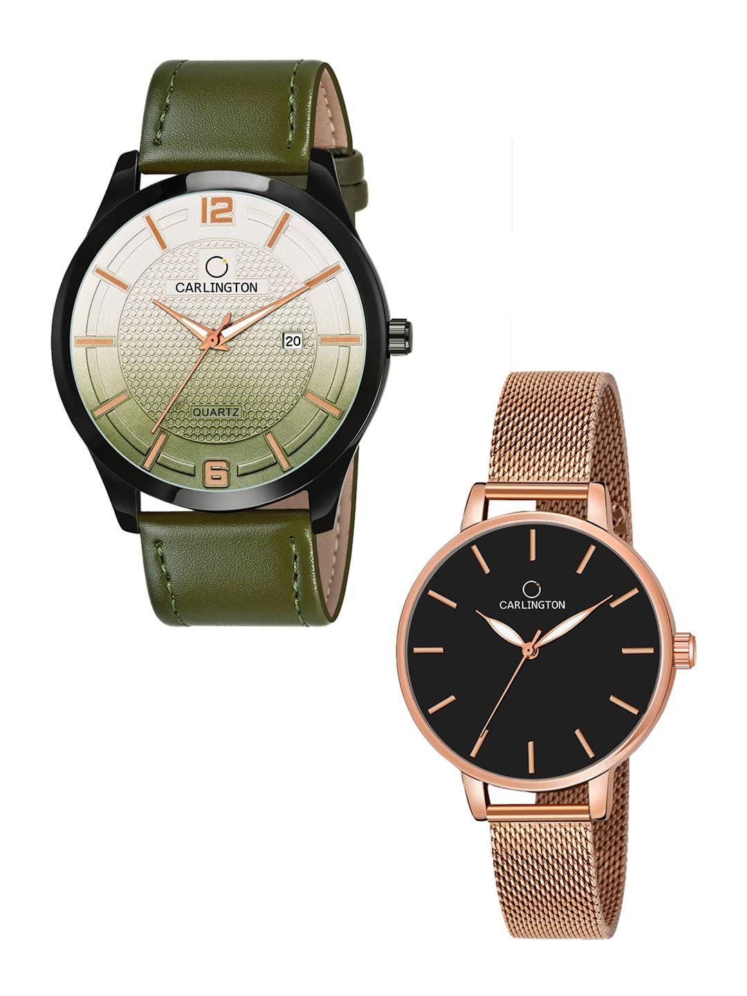 carlington his & her watch gift set combo ct1010 green - ct2014 roseblack
