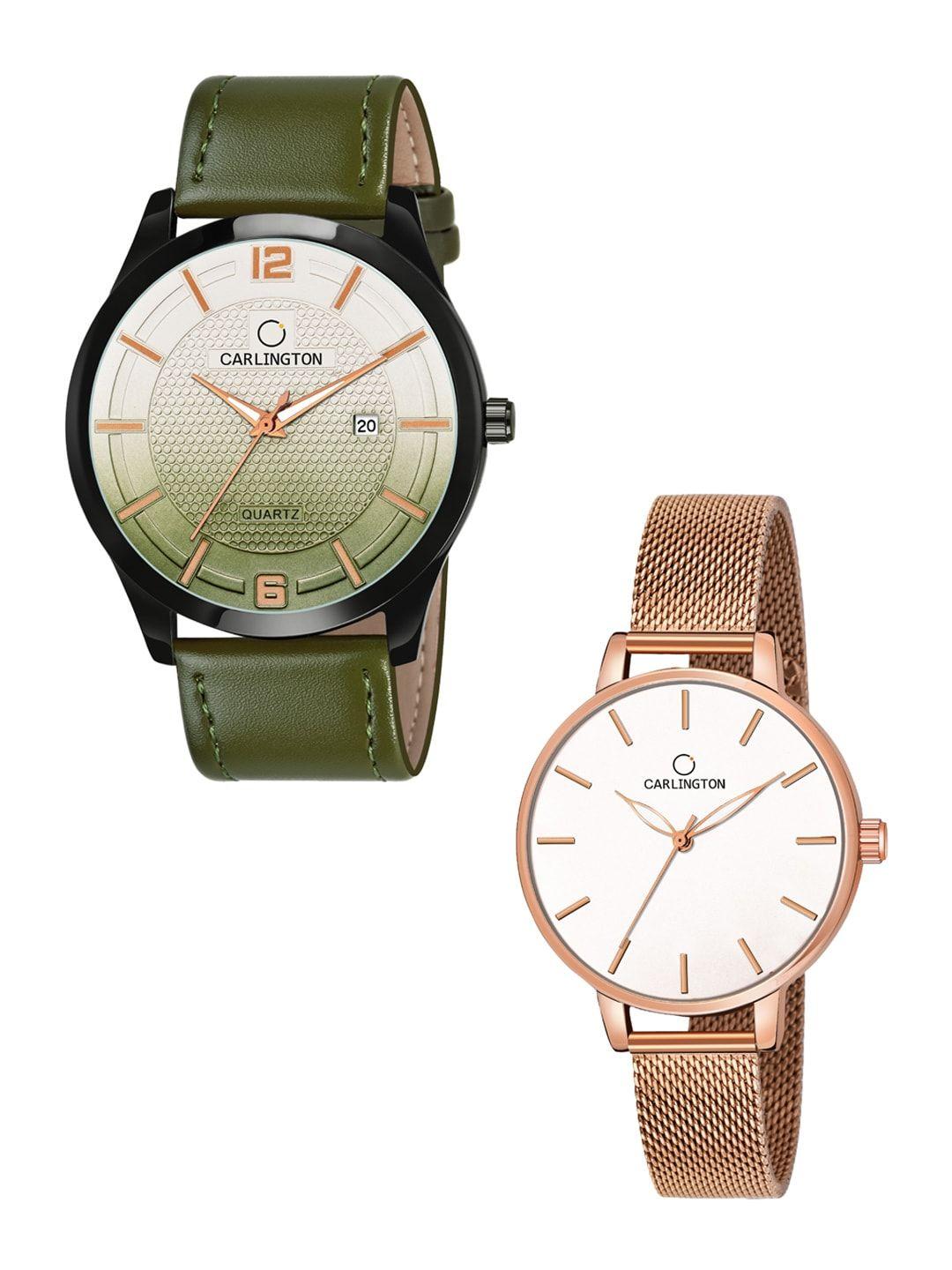 carlington his & her watch gift set combo ct1010 green - ct2014 rosewhite