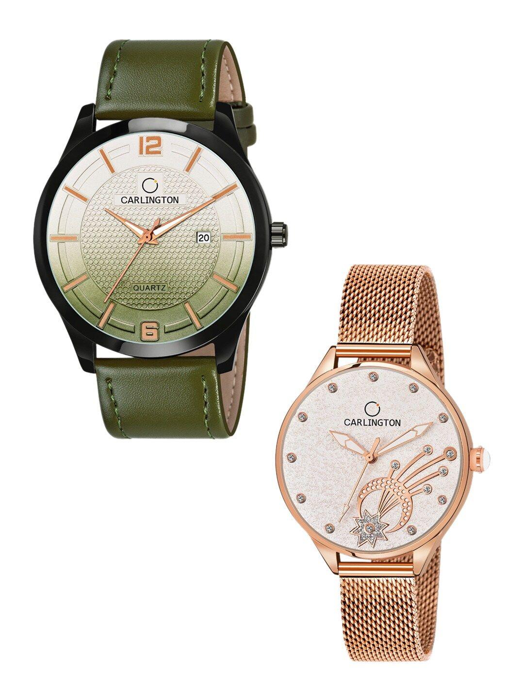carlington his & her watch gift set combo ct1010 green - ct2020 rosewhite
