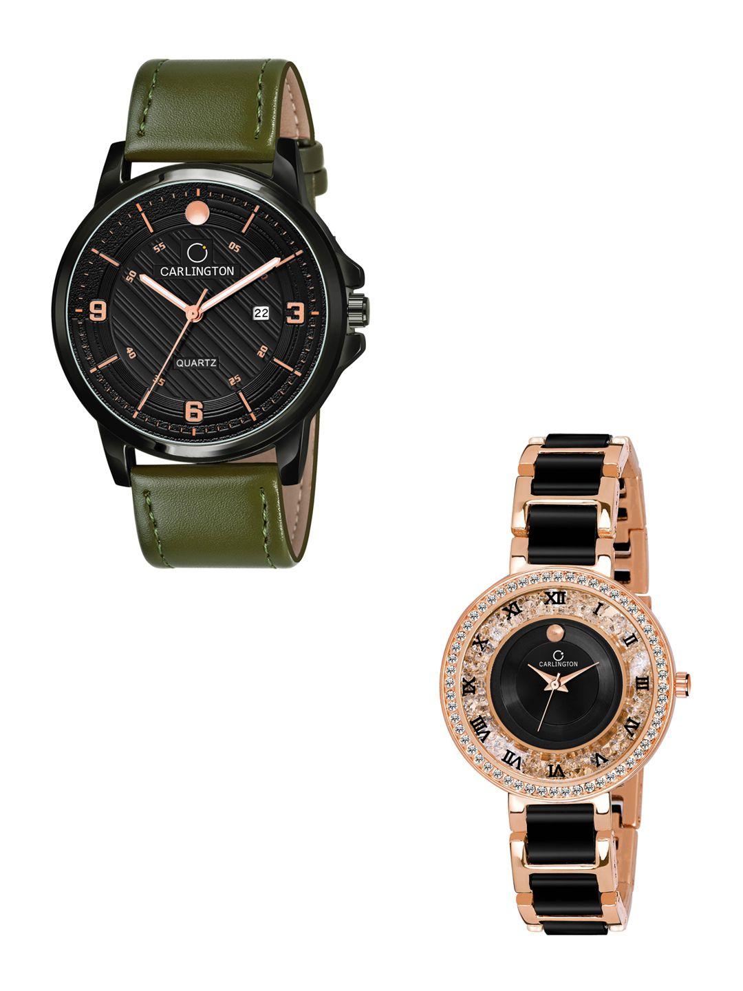 carlington his and her black dial & olive straps analogue watch combo-ct1050 greenblack