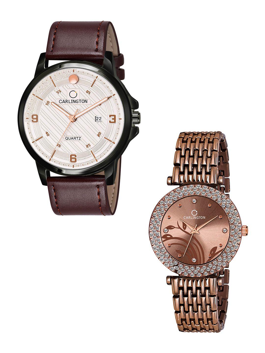 carlington his and her brown dial & brown straps analogue watch combo- ct1050 brownsilver