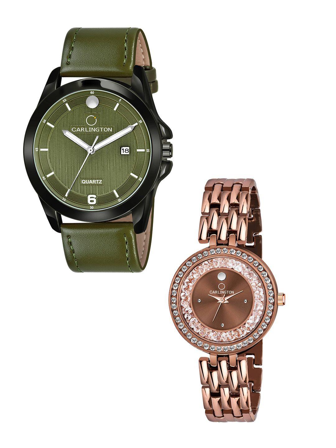 carlington his and her green dial & green straps analogue watch combo- ct1040