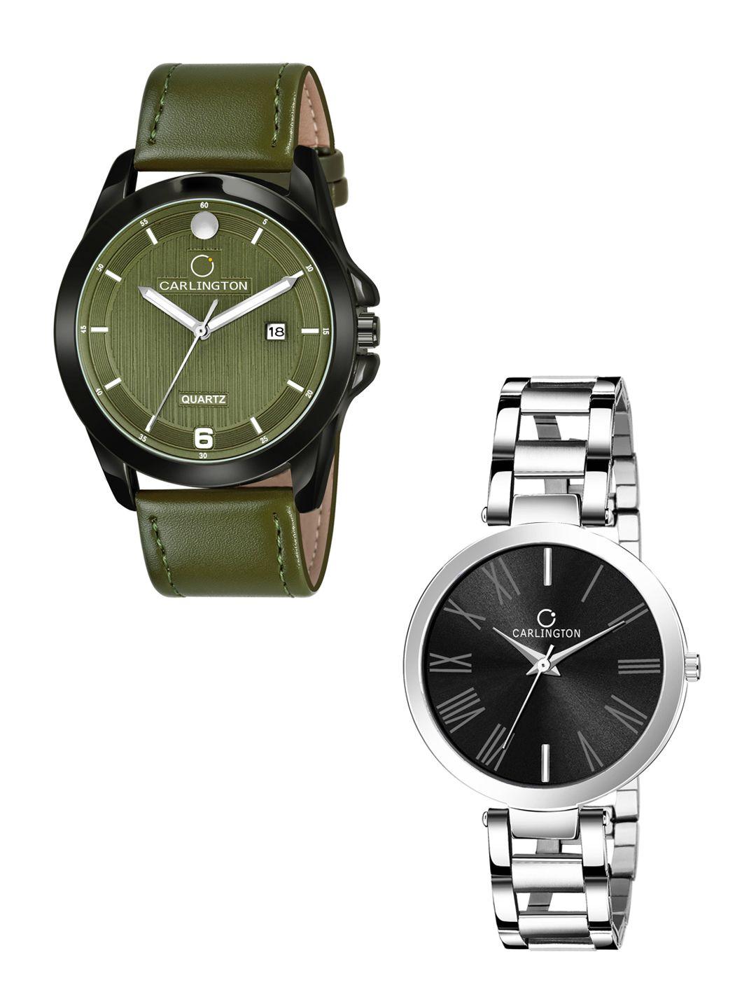 carlington his and her green dial & green straps analogue watch combo-ct1040 green
