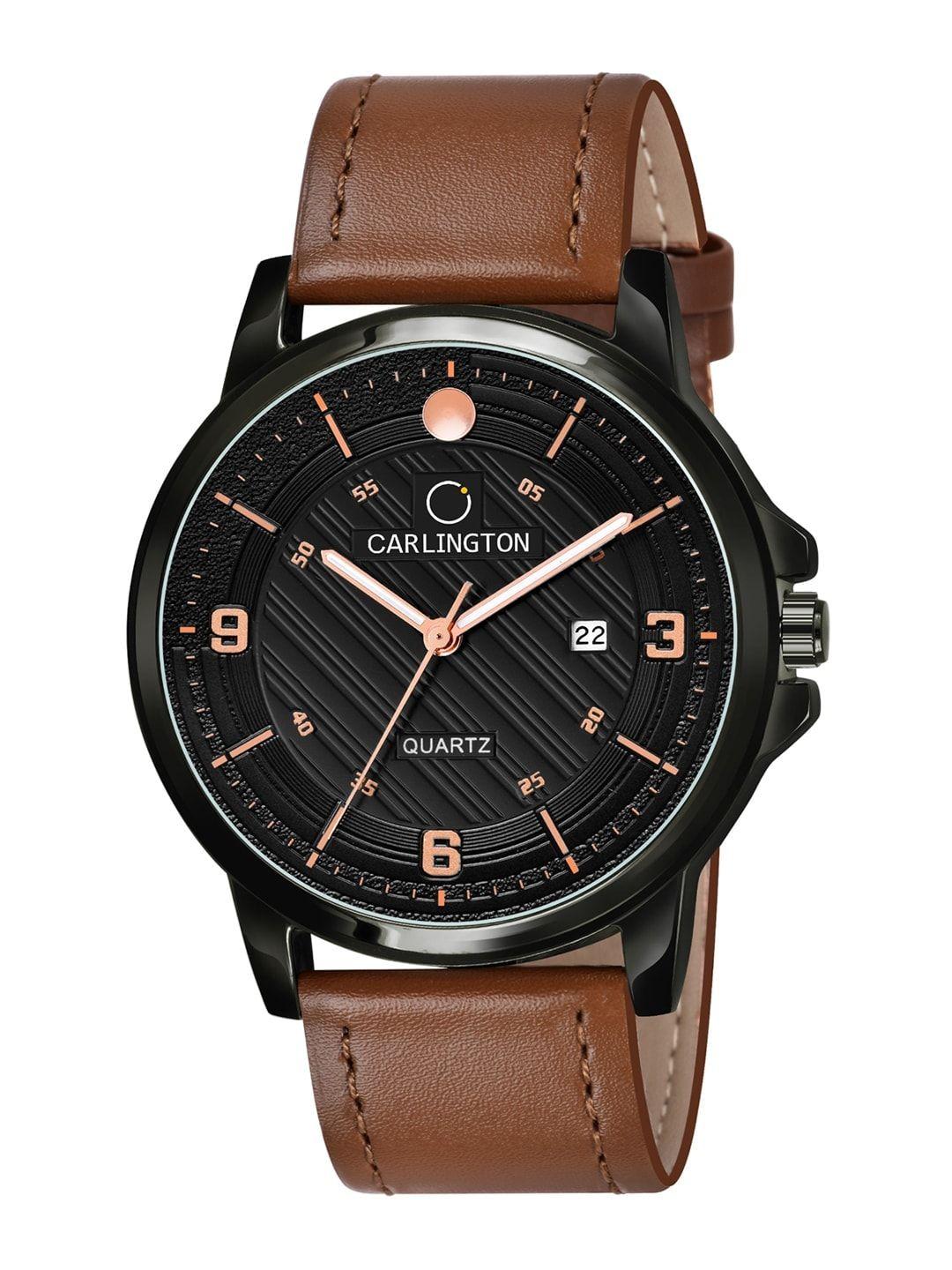 carlington men black alloy dial & multicoloured leather straps analogue watch ct1050 tan-black