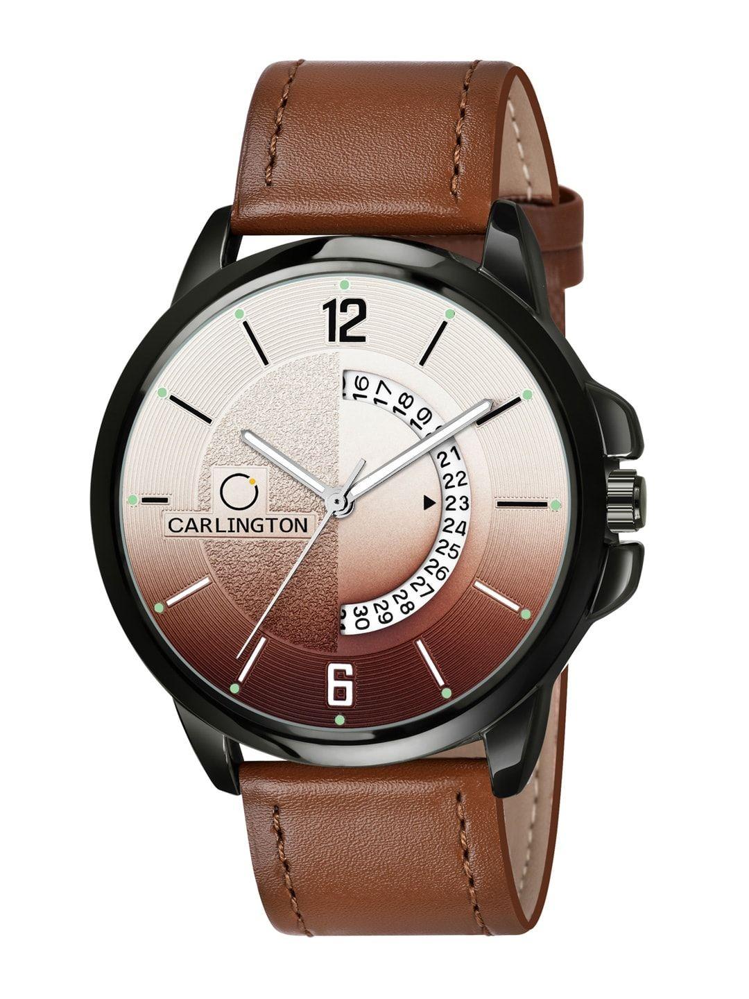 carlington men brown alloy dial & brown leather straps analogue watch ct1030 tan