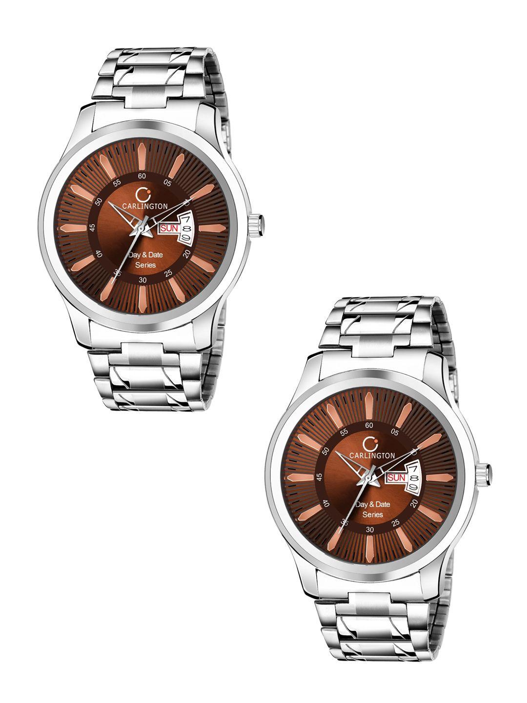 carlington men set of 2 brown analogue watches