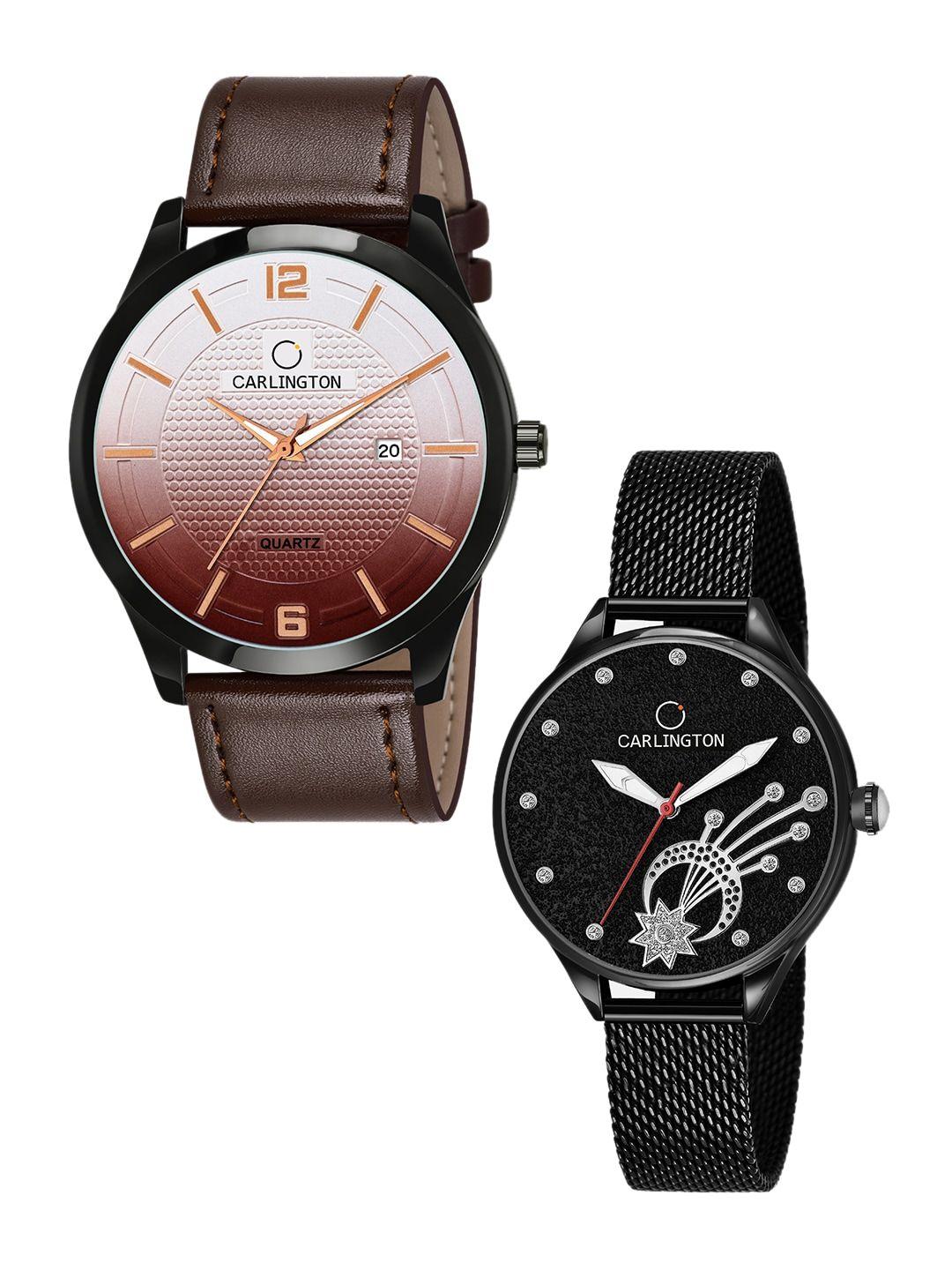 carlington multicoloured dial & leather analogue watch-combo ct1010 brown - ct2020 black