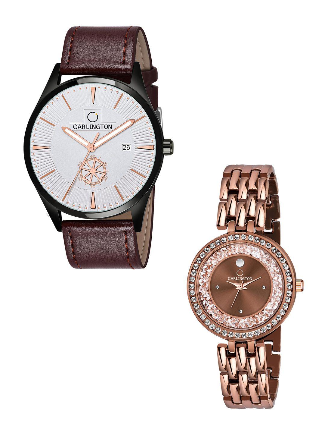 carlington pack of 2 white embellished dial & brown leather straps analogue watch ct1020