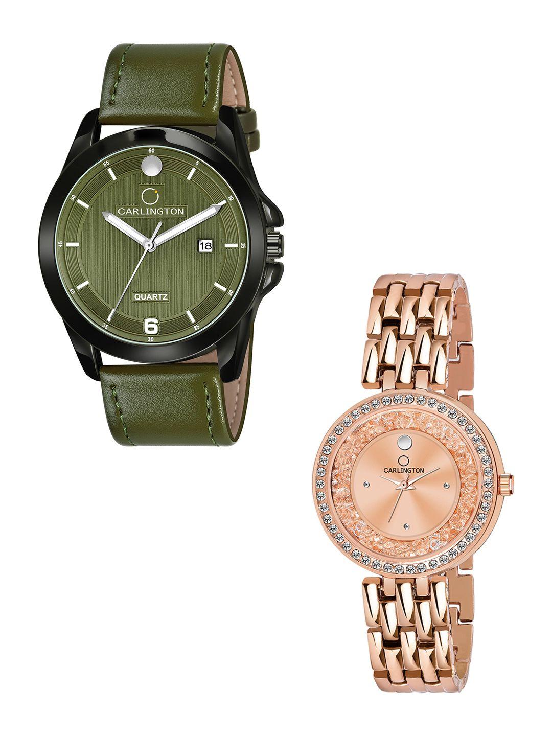 carlington set of 2 embellished dial  leather bracelet style straps analogue watch ct1040 green