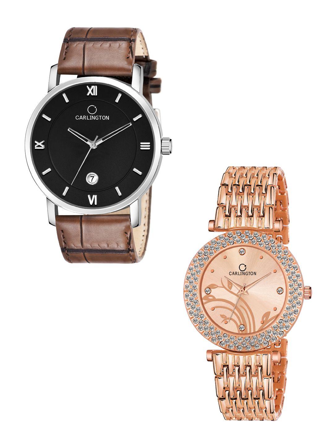 carlington set of 2 women analogue watch combo g02l brown - 105 rosegold