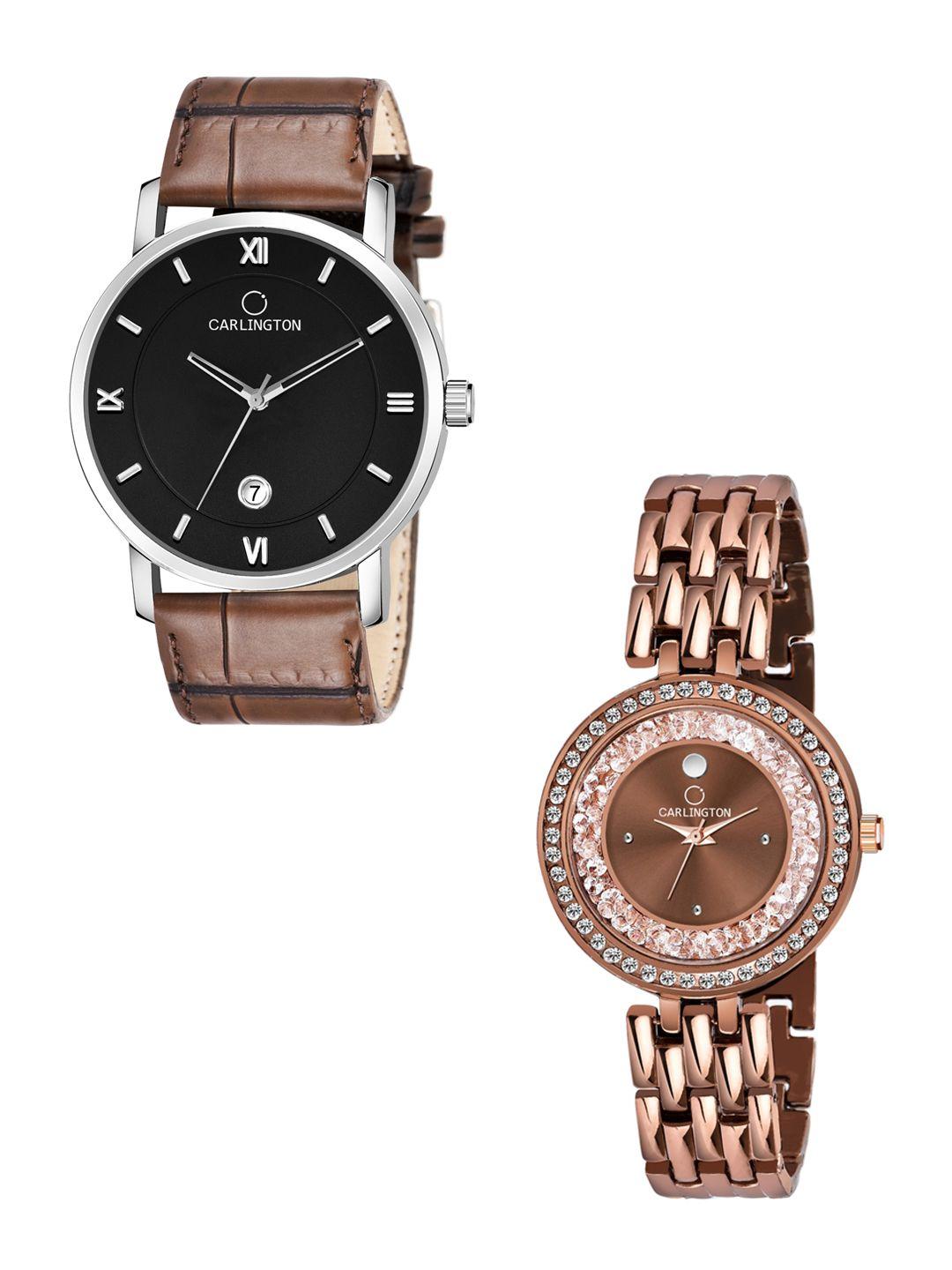 carlington set of 2 women analogue watch combo g02l brown - mova-d brown