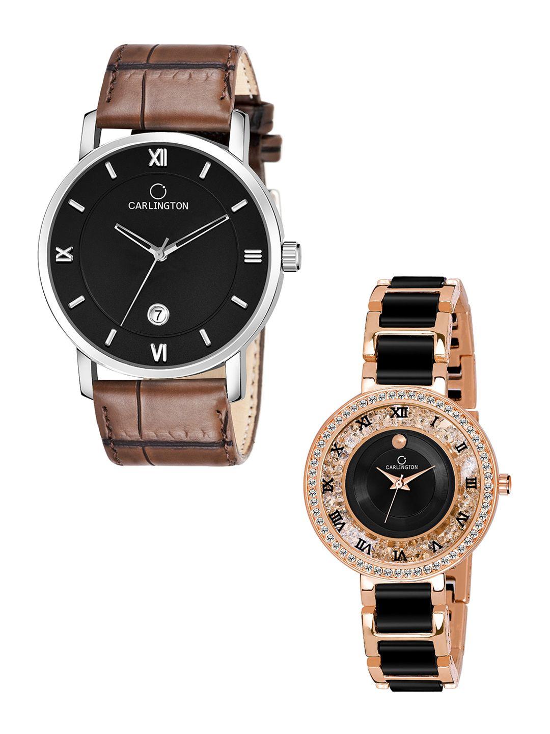 carlington set of 2 women analogue watch combo g02l brown - mova roseblack