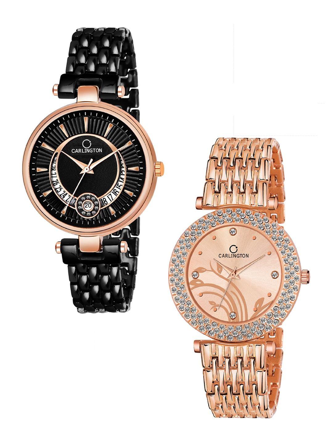 carlington set of 2 women black & rose gold watch combo bella black and 105 rosegold