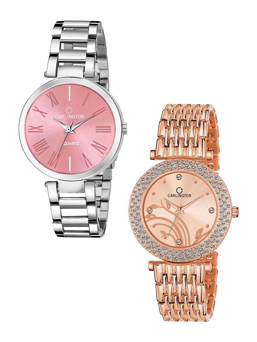 carlington set of 2 women pink & rose gold analogue watch combo 112 pink and 105 rosegold